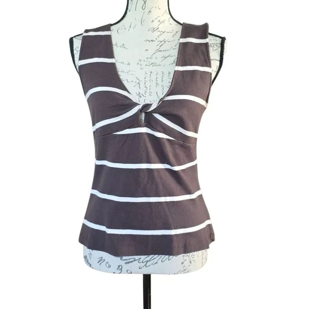 Sanctuary Women's Size Large Brown White Striped Knot Front Tank Top